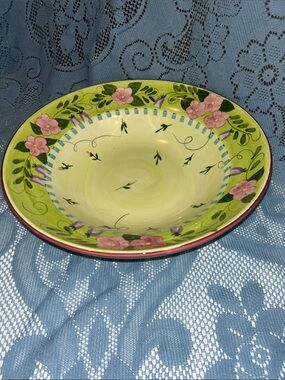 Gates ware hand-Painted Floral Green Ceramic Serving Bowl. Large heavy